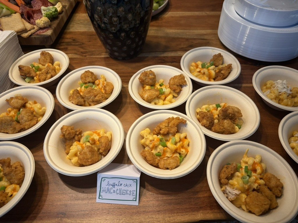 Bowls lined up for service at a large event
