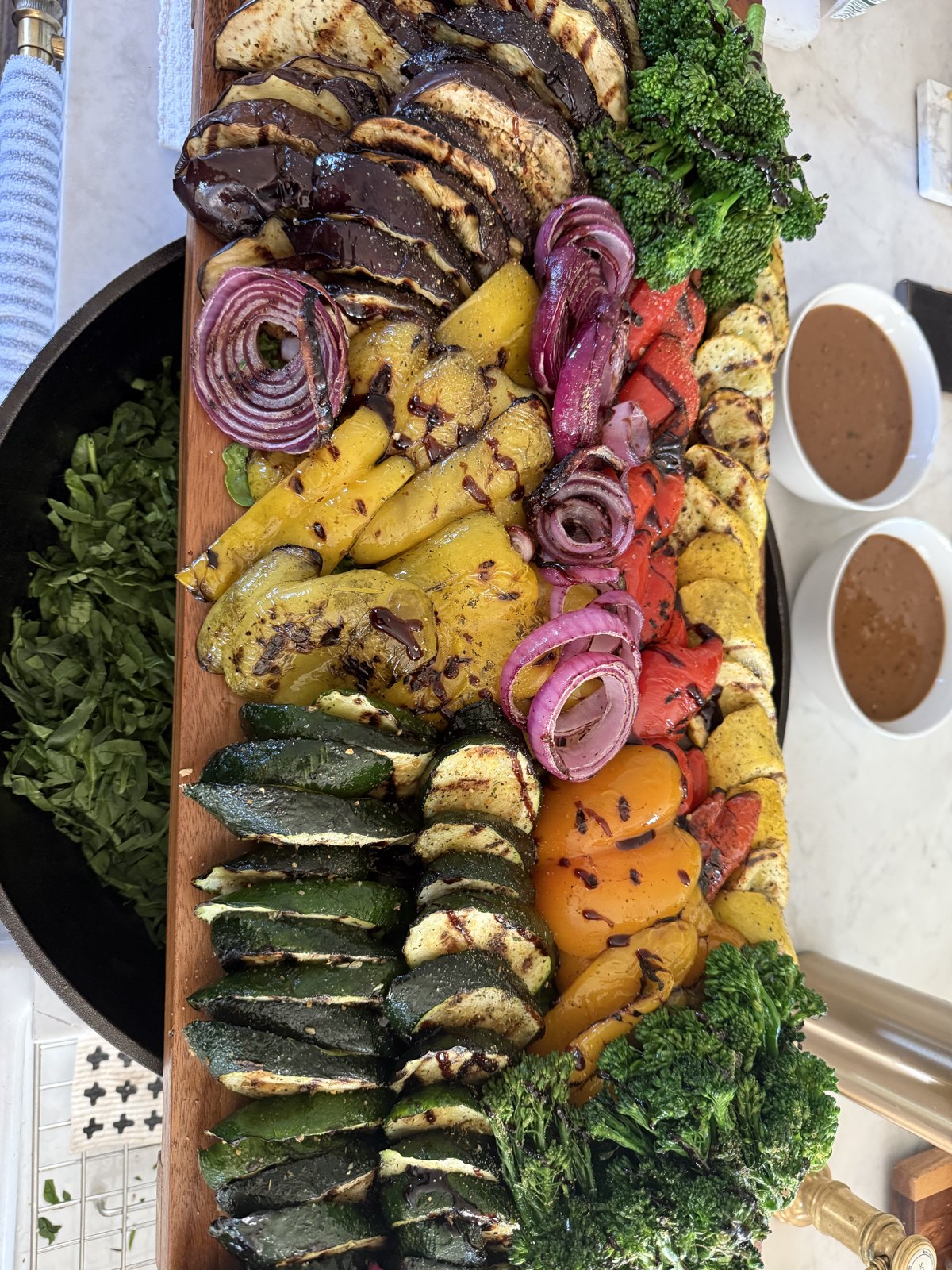 Charred vegetable platter with dipping sauces